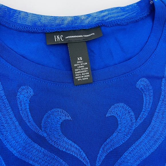 NWOT INC BLUE MID SLEEVE MESH EMBROIDERED ROYAL BLUE FITTED TOP - Picture 2 of 5